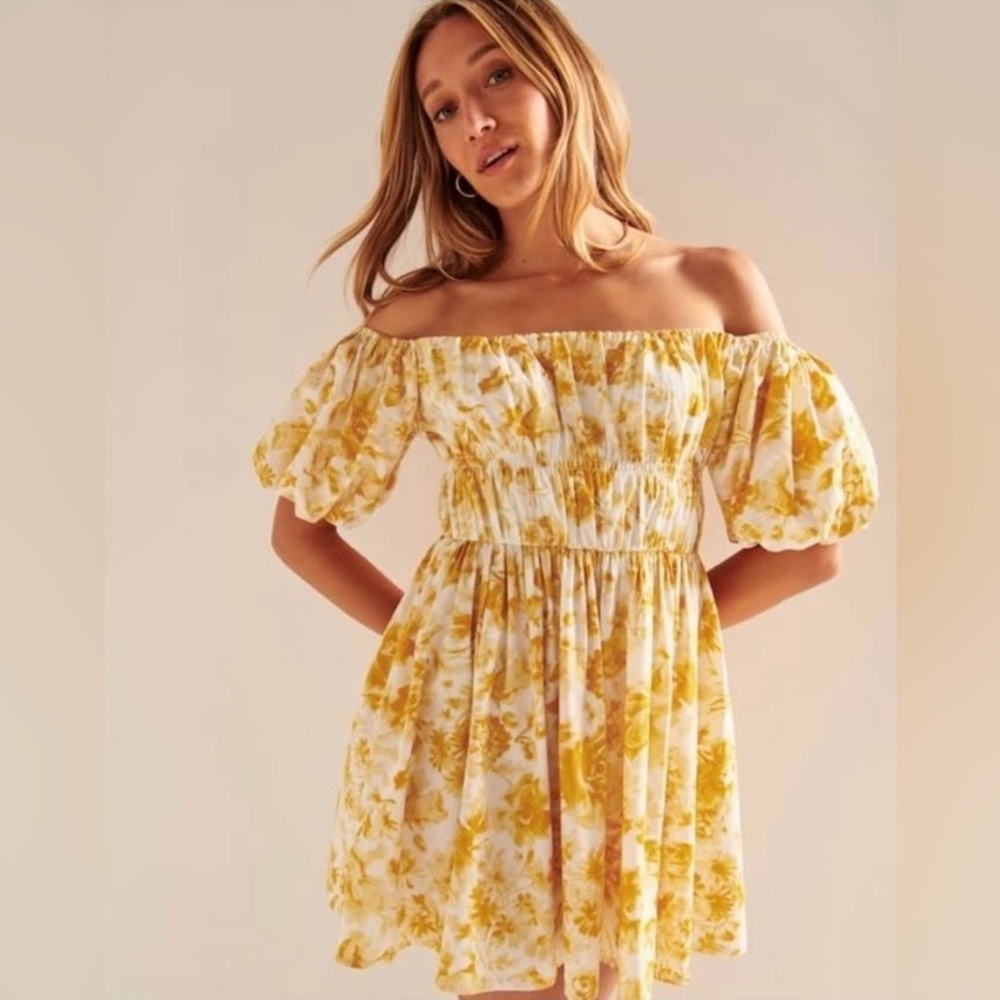 Abercrombie and Fitch yellow floral off the should puff sleeve dress